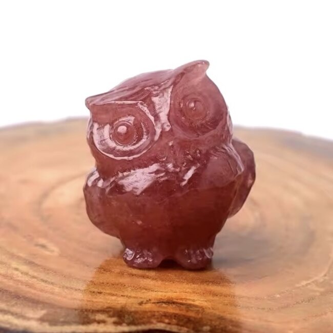 Strawberry Quartz (Red Guava) Owl - Small Animal Figurine Carving Statue