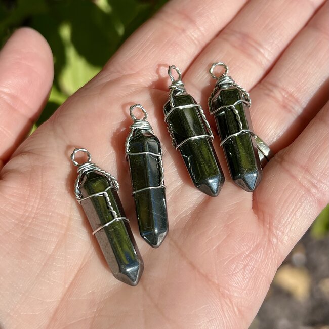Hematite Pendants - Wire Wrapped Faceted Points - Silver Plated