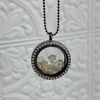 Sunstone Inside Black Titanium Locket (18-24") Rhinestone Necklace - Adjustable Magnetic Beaded Chain Pendant Charm