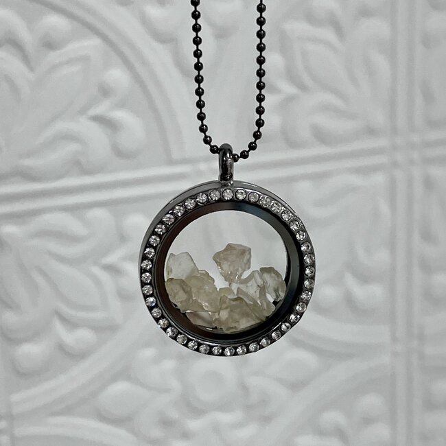 Sunstone Inside Black Titanium Locket (18-24") Rhinestone Necklace - Adjustable Magnetic Beaded Chain Pendant Charm