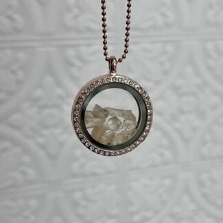 Sunstone (Heliolite) Inside Rose Gold Locket (18-24") Rhinestone Necklace - Adjustable Magnetic Beaded Chain Pendant Charm