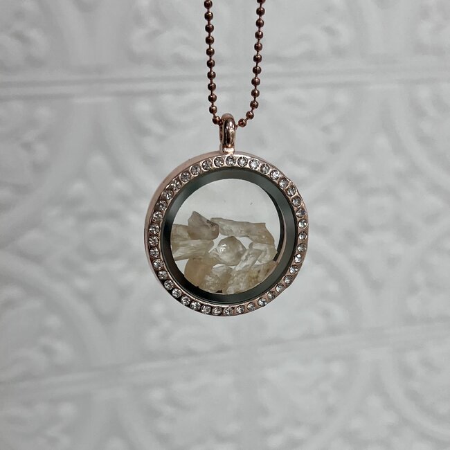 Sunstone Inside Rose Gold Locket (18-24") Rhinestone Necklace - Adjustable Magnetic Beaded Chain Pendant Charm