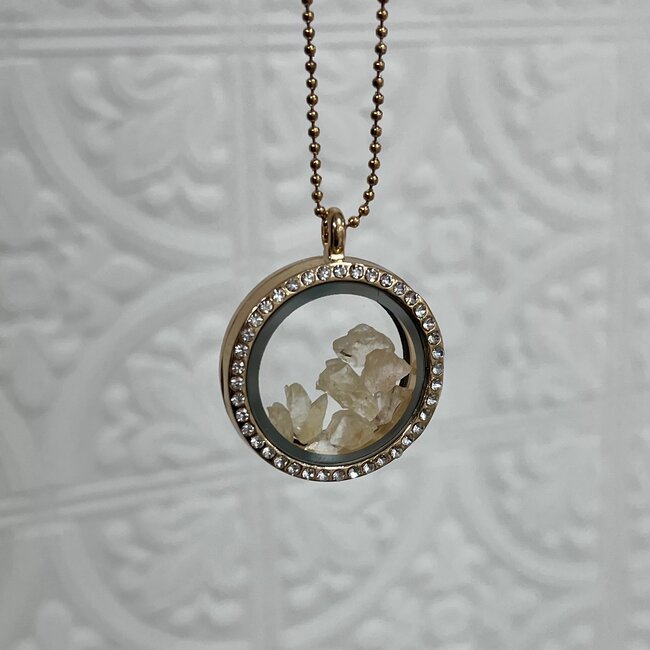 Sunstone Inside Gold Locket (18-24") Rhinestone Necklace - Adjustable Magnetic Beaded Chain Pendant Charm