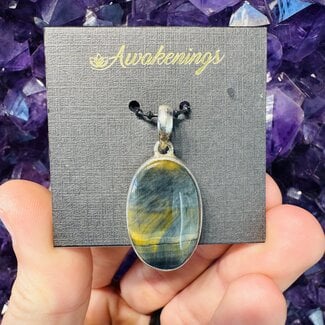 Blue Tigers Eye (Hawks Eye) Oval Pendant - Sterling Silver