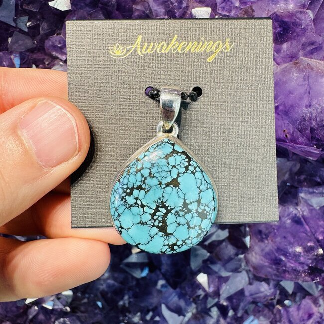 Natural Turquoise Pendant Wide Teardrop Pear Sterling Silver