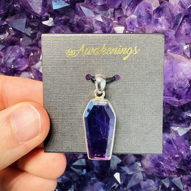 Amethyst Pendant - Coffin Faceted Bezel - Sterling Silver