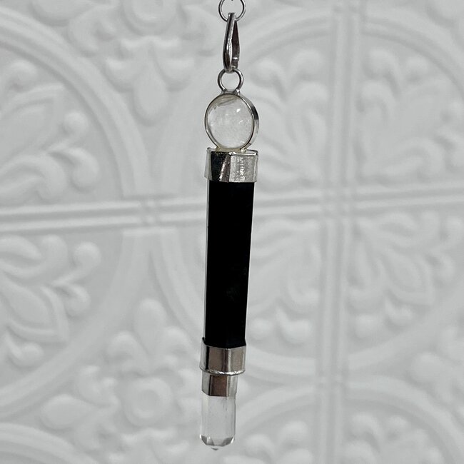 Shungite with Clear Quartz Point Pendulum on Silver Chain with Chakra Beads