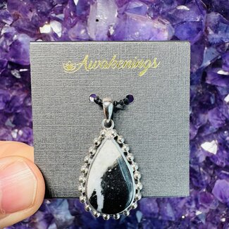White Buffalo Pendant - Teardrop Pear - Beaded Sterling Silver