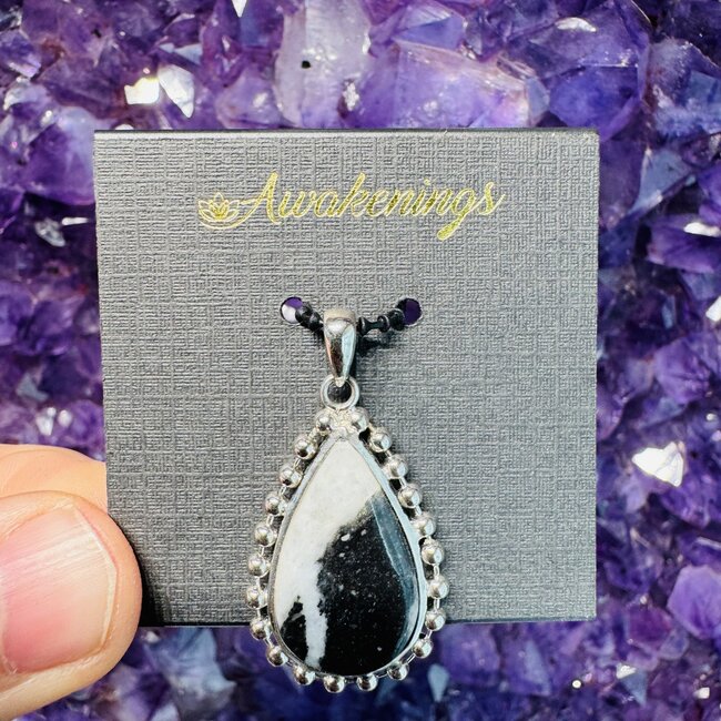 White Buffalo Pendant - Teardrop Pear - Beaded Sterling Silver