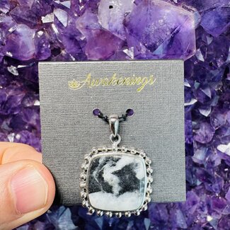 White Buffalo Pendant - Square - Beaded Sterling Silver