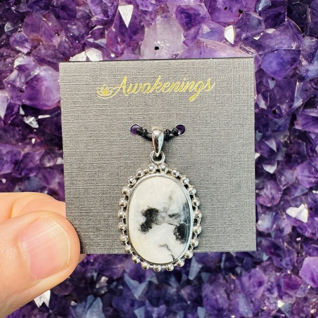 White Buffalo Pendant - Oval - Beaded Sterling Silver