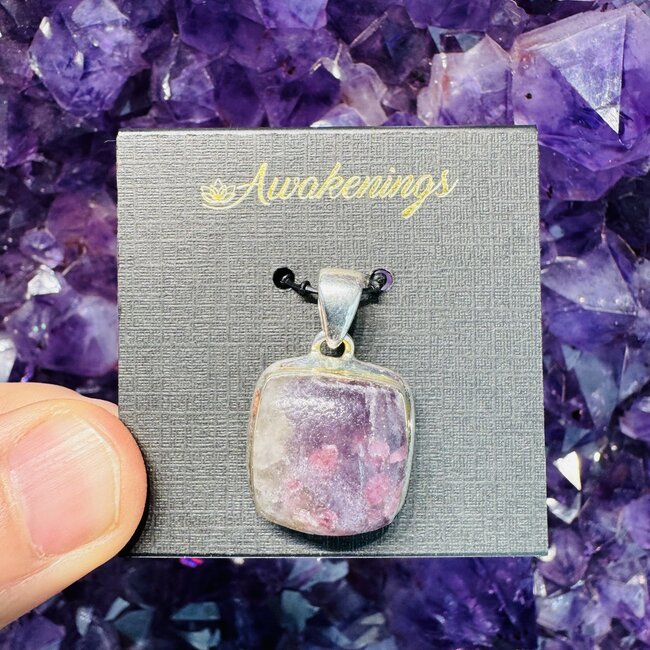 Pink Ruby Red (Rubellite) Tourmaline in Lepidolite (Unicorn Stone) Pendant - Square Bezel Set - Sterling Silver