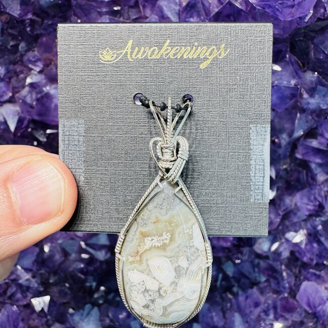 Crazy Lace Agate Teardrop Pendant & Necklace Handmade Wire Wrapped-Sterling Silver Chain 18"