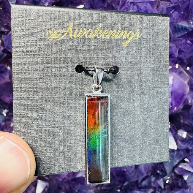 Ammolite Pendants - Bezel Set Bar Rectangle - Sterling Silver 26x6