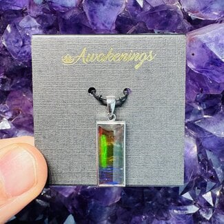 Ammolite Bar Pendant - Faceted Rectangle (Emerald Cut) - Sterling Silver 20x8