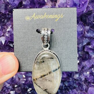 Black Tourmaline in Clear Quartz (Tourmalated Tourmalinated Rutilated Quartz) - Oval Pendant - Silver Plated