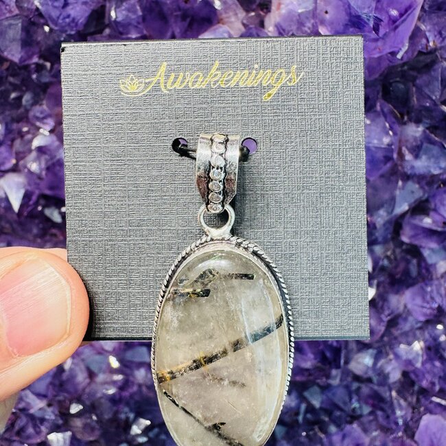 Black Tourmaline in Clear Quartz (Tourmalated Tourmalinated Rutilated Quartz) - Oval Pendant - Silver Plated