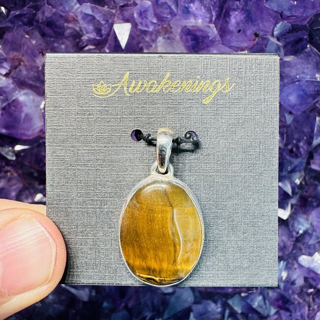 Gold Tigers Eye Oval Pendant-Sterling Silver