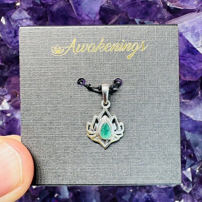 Emerald Pendant - Lotus Teardrop Pear - Sterling Silver