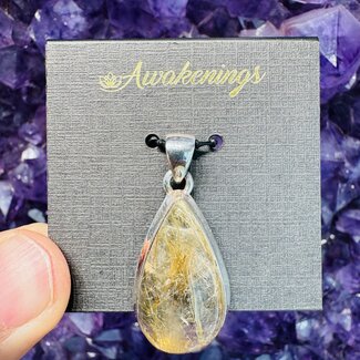 Gold (Golden Rutile Angel Venus Hair) Rutilated Quartz Pendant #2 Teardrop Pear Sterling Silver