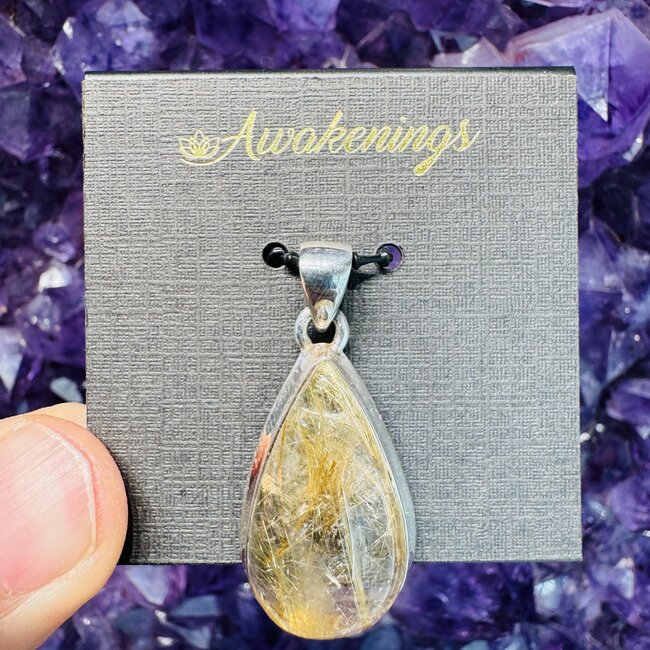 Gold (Golden Rutile Angel Venus Hair) Rutilated Quartz Pendant #2 Teardrop Pear Sterling Silver