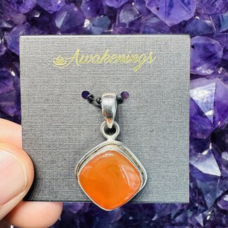 Carnelian Pendant - Square Diamond Bezel - Sterling Silver .925