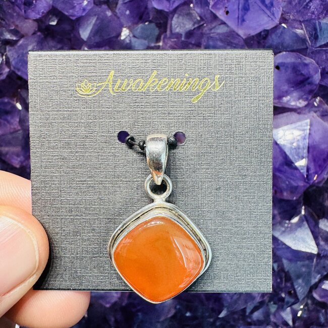 Carnelian Pendant - Square Diamond Bezel - Sterling Silver .925