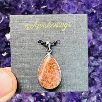 Golden Confetti Sunstone (Heliolite) Pendant - Teardrop Pear - Sterling Silver