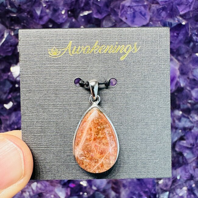 Golden Confetti Sunstone Pendant - Teardrop Pear - Sterling Silver