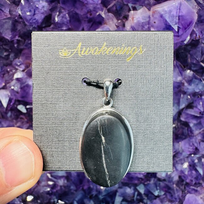 Shungite Pendant - Oval Bezel Set - Sterling Silver