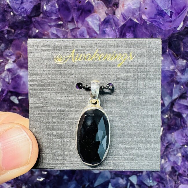 Black Onyx Pendant - Oval Faceted - Sterling Silver