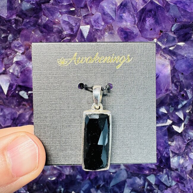 Black Onyx Pendant - Rectangle Faceted - Sterling Silver