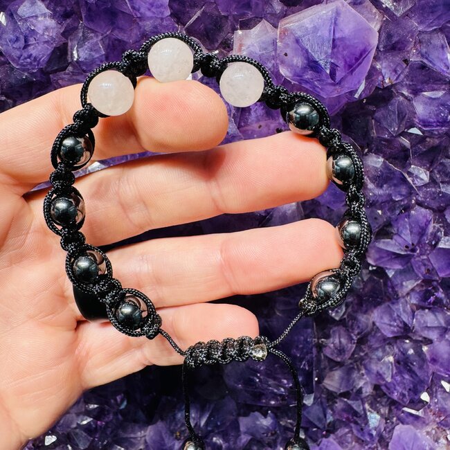 Rose Quartz & Hematite Bracelets - Shamballa Paracord Parachute - Adjustable