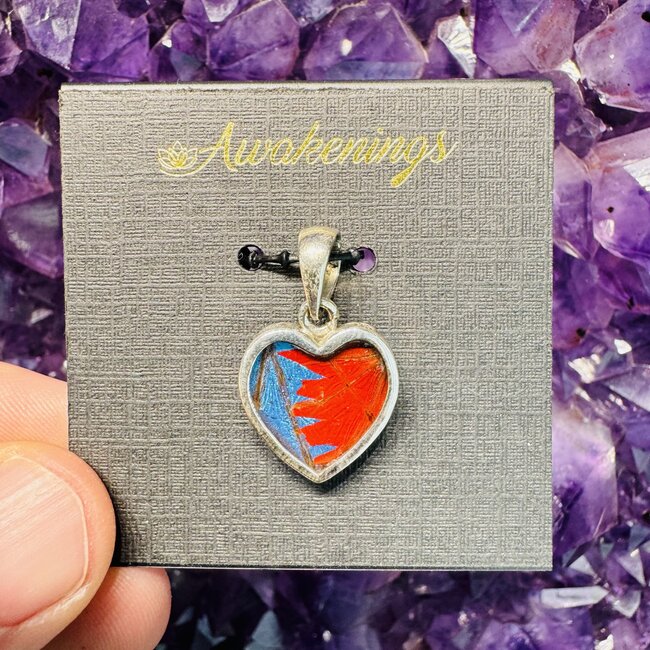 Dark Blue & Red Butterfly Pendant - Heart - Sterling Silver Emerge Collection