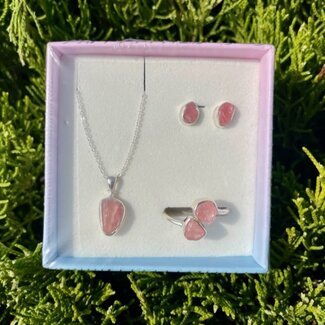 Rose Quartz Rough Boxed Set-Earrings, Adjustable Ring, Necklace-Sterling Silver
