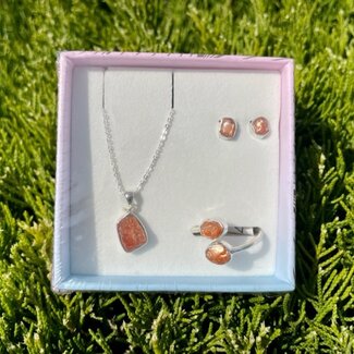 Sunstone Rough Boxed Set-Earrings, Adjustable Ring, Necklace-Sterling Silver
