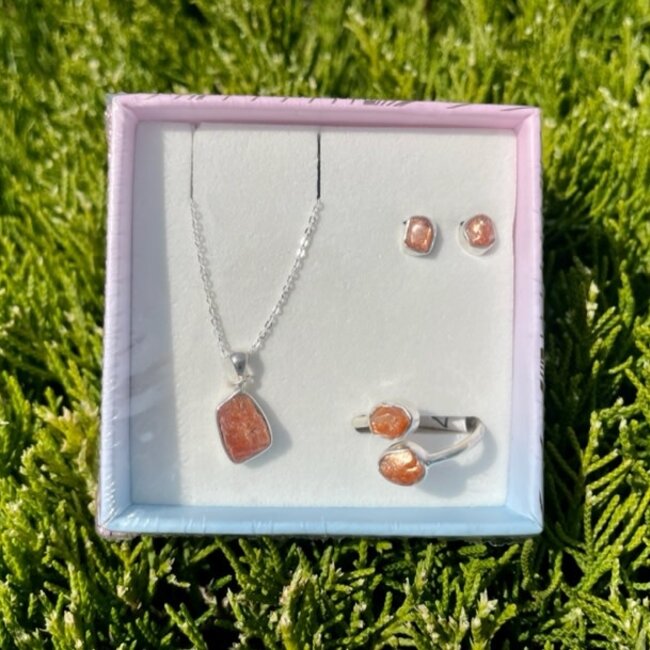 Sunstone Rough Boxed Set-Earrings, Adjustable Ring, Necklace-Sterling Silver