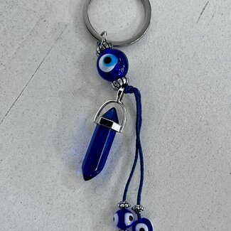 Evil Eye Keychians  - Blue Point & Beads - Silver 4.75" Key Chain
