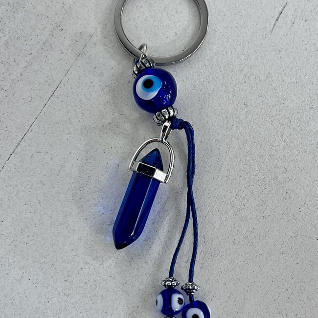 Evil Eye Keychians  - Blue Point & Beads - Silver 4.75" Key Chain