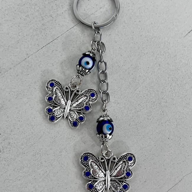 Evil Eye Keychains - Double Butterfly Butterflies - Blue Beaded Silver 5" Key Chains