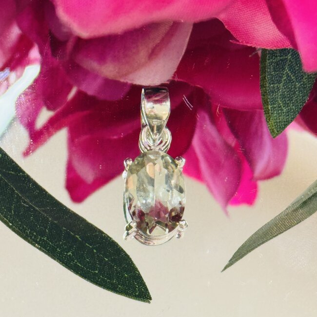 Prasiolite (Green Amethyst) Pendant - Oval 1" Faceted Bezel - Sterling Silver .925