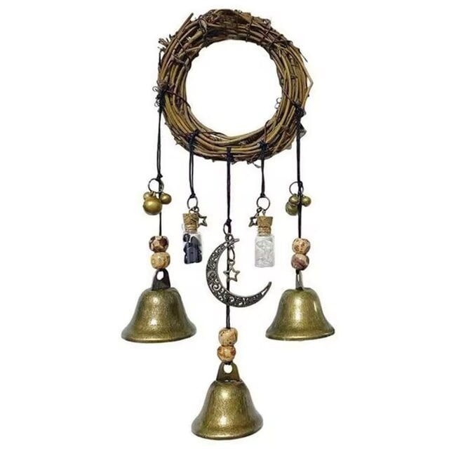 Witch Wicca Bells Hanging- Round Crescent Moon Door Handle - Empty Jars Chime Protection Handmade