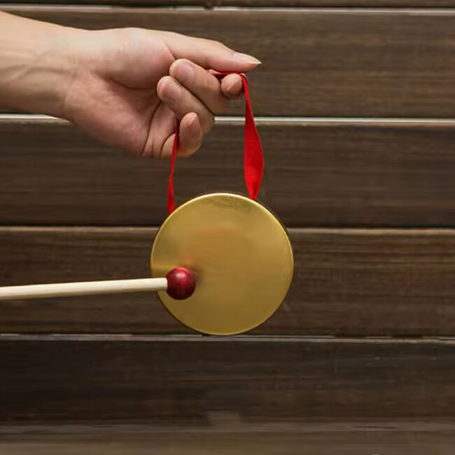 Copper Hand Gong with Wooden Stick - 3.5" Diameter - Chinese Folk Musical Instrument Percussion