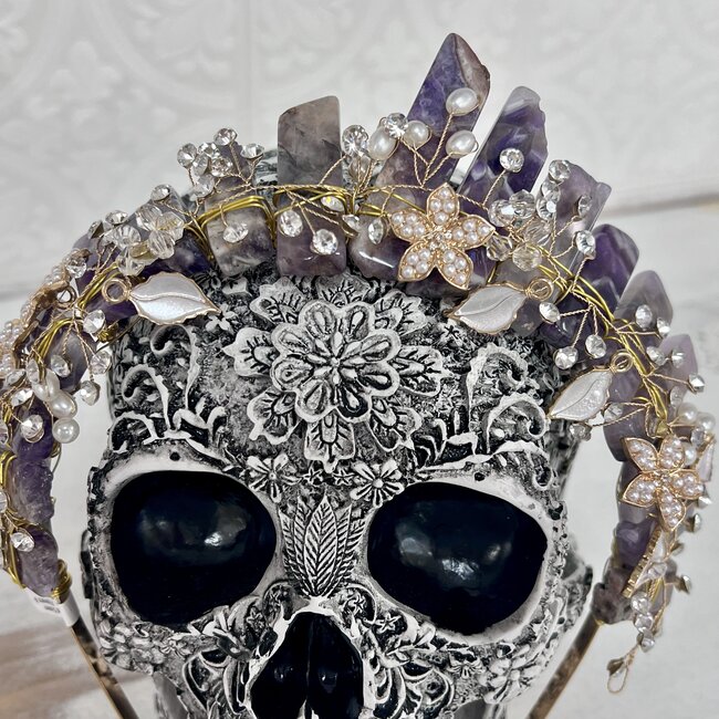 Amethyst Crown Tiara -  Flowers & Pearls (Gold Plated) Crystal Headband Hair Accessories