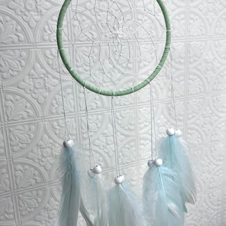 Dreamcatcher Dream Catcher Mint Green - Mint Green and White Feathers with White Beads - 17.5"