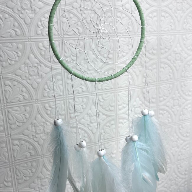 Dreamcatcher Dream Catcher Mint Green - Mint Green and White Feathers with White Beads - 17.5"
