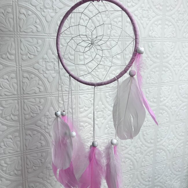Dreamcatcher Dream Catcher Pink - Bright Pink, Light Pink and White Feathers with White Beads - 17.5"
