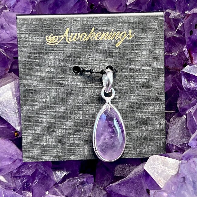 Amethyst Faceted Pendant - Teardrop Pear - Sterling Silver