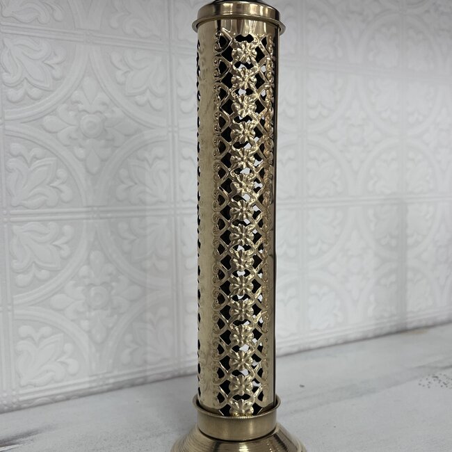 Brass Incense Stick Burner Holder - Upright Brass Tower 11" Decorative Flowers and Hearts