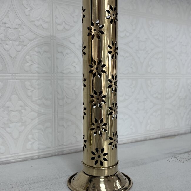 Brass Incense Stick Burner Holder - Upright Brass Tower 11" Daisy Flowers